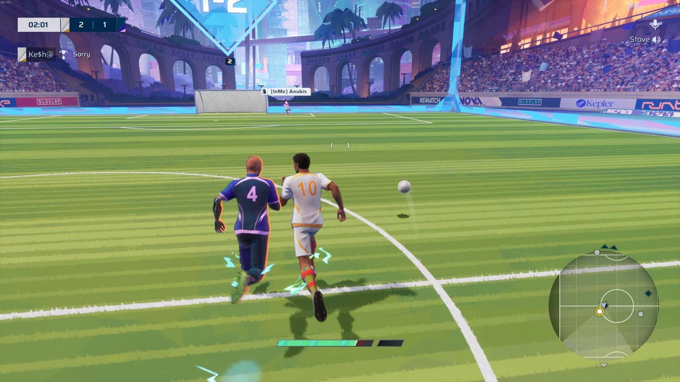 Muscling past a defender to reach the ball in Rematch.